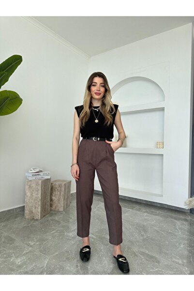 CKBUTİK Kahve Ham Keten Kemerli Havuç Pantolon