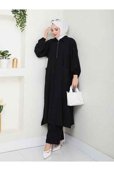 EFSUN MODA Long Length Pocket Half Zippered Ayrobin Tecture Suit Large Size Black 846