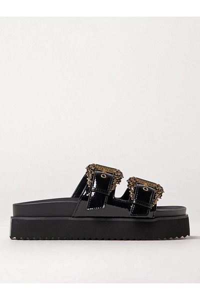 Versace Women's Buckle Double Belt Shiny Leather Sole Black Slippers