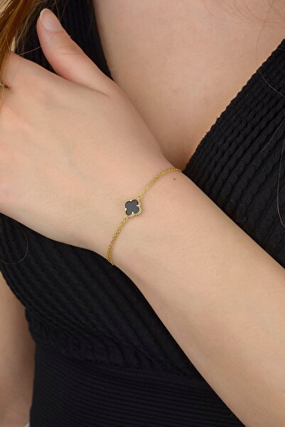 AcestesDesign 925 Ayar Gümüş Siyah Oniks Doğal Taşlı Yonca Şans Gümüş Bileklik