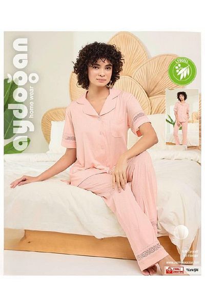 Aydoğan Women's Pink 95% Lyocell 5% Elastane Buttoned Lace Detailed Short Sleeve Pajama Set