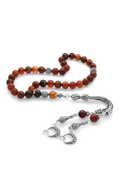 Tesbihane Non-Tarnish Metal Crescent Star Tasseled Globe Cut Red-black Agate Natural Stone Rosary