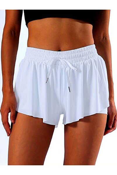 MADAM SHİLA White Sports Shorts High Waist Slimfit Leggings with Lace up Pockets Shila Sports Shorts