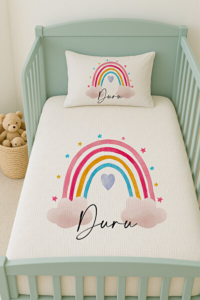 Lilabio %100 Pamuk İsme Özel İsimli 100x150 cm Pike Seti Kalpli Bulutlu Gökku...