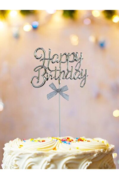 party world زينة كعكة عيد ميلاد سعيد معدنية فضية - تصميم مشرق وأنيق