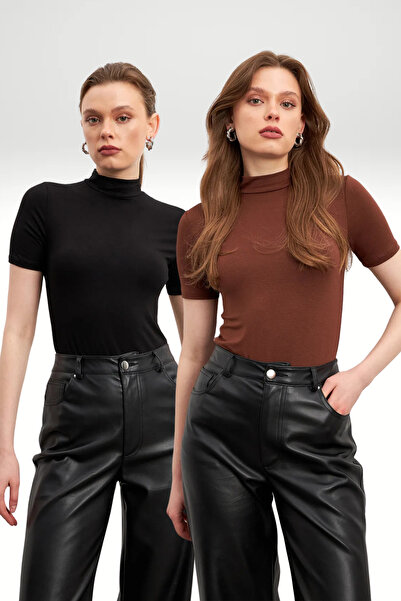 Bipantolon Kadın Siyah Acı Kahve 2'li Paket Kısa Kol Bluz