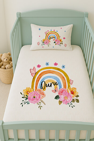 Lilabio %100 Pamuk İsme Özel İsimli 100x150 cm Pike Seti Kelebekli Gökkuşağı