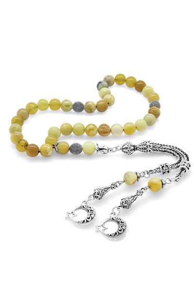 Tesbihane Non-Tarnish Metal Crescent Star Tasseled Globe Cut Opal Natural Stone Rosary