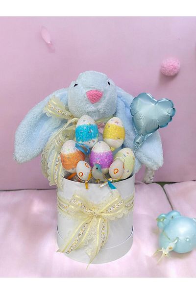Sole Premium Easter Themed 45 cm Blue Bunny Rabbit Gift Box - Decorative Egg and Heart Balloon