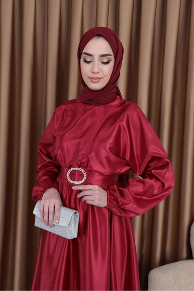 Şule Giyim Beli Lastikli Kemerli Saten Abiye