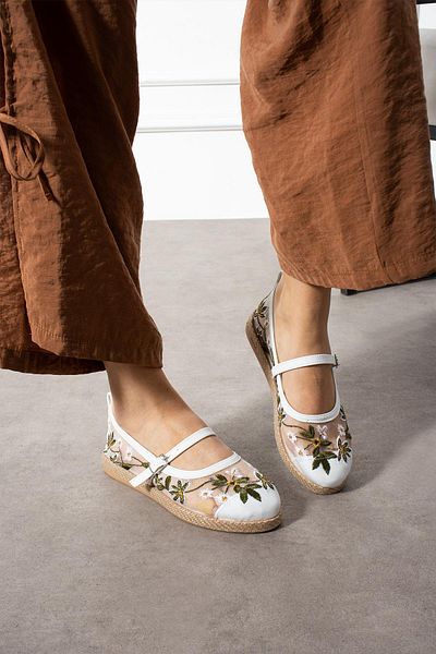 ShoeTek White Floral Mesh Ballerinas, Front Strap Grazyna Women