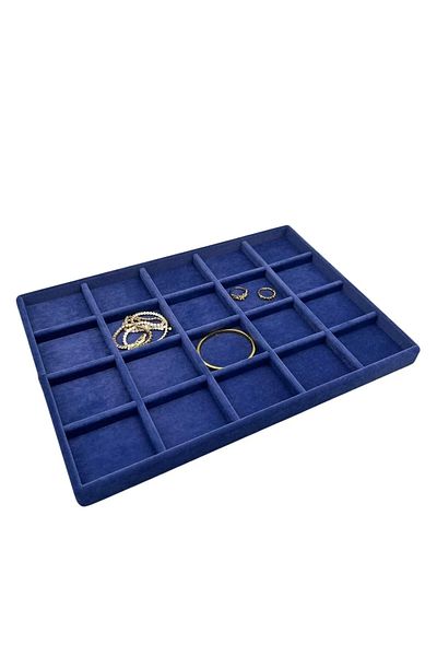 MeGass Dekor Domestic Production Suede Fabric Dark Blue Color 34 cm / 24 cm 24 Compartment Drawer Inside Jewelry Stand