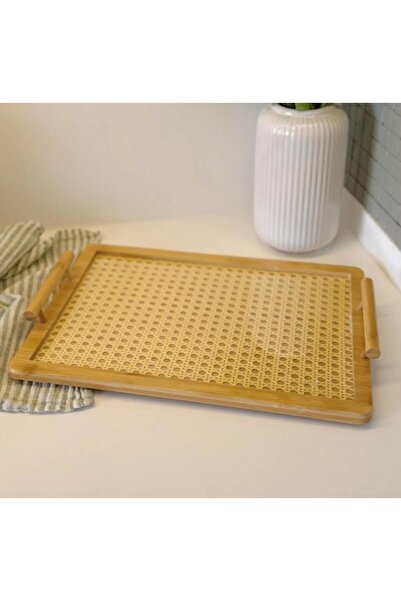 Doğal Mien Kulplu Hazeran Tepsi Ahşap Sunum Tepsisi