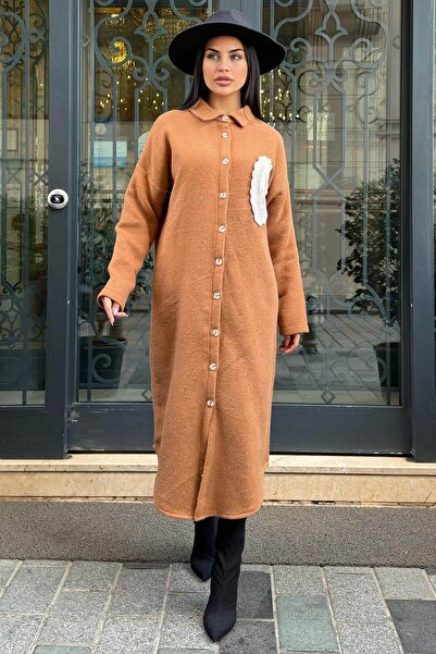 Juuuj Tan Double-Sided Soft Texture, Applique Detail, Double Stamp Shirt Dress