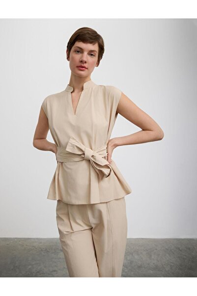 FEMİAS Stone Color Ornamental Stitching Belted Sleeveless Cotton Blouse