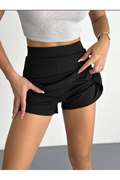 Butik Merrline Kadın Siyah Jakarlı Rahat Premium Kumaş Çift Yırtmaçlı Mini Şı...