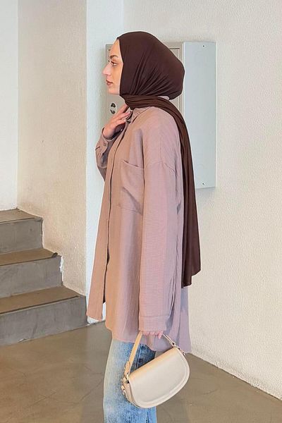 lamelif Μονή τσέπη Soft Seersucker Hijab Seersucker και καφέ