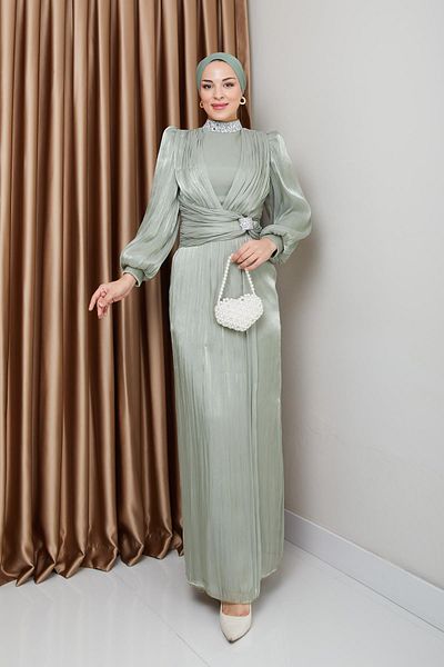 Olcay Steinbesetztes Hijab-Abendkleid aus Seide – Hellgrün 1236