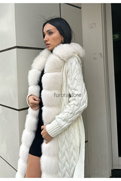 Furora Store Triko kadın Hırka - Kürklü Triko Kapüşonlu Ceket- uzun Triko Hırka