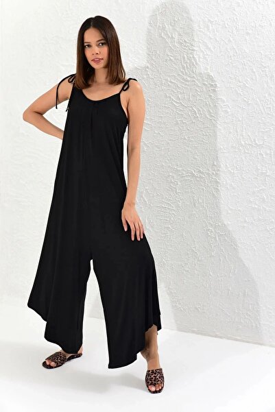Juuuj Women's Black V-Neck Straps Sleeve Asymmetrical Cut Binding Detailed Oversize Cut Casual Oversize Jumpsuit