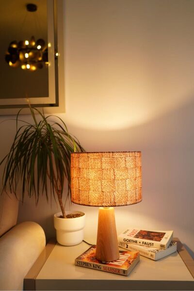 retro home design Ahşap Ayaklı Turuncu İp Detaylı Silindir Masa Lambası Dekor...