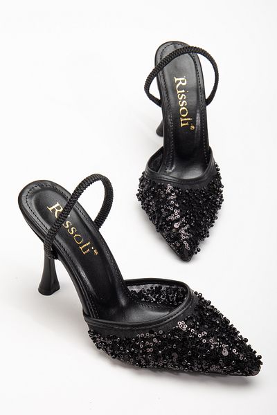 RİSSOLİ Rissoli Rochie de seară confortabilă de zi cu zi, cu mărgele din plasă neagră, pantofi cu toc stiletto