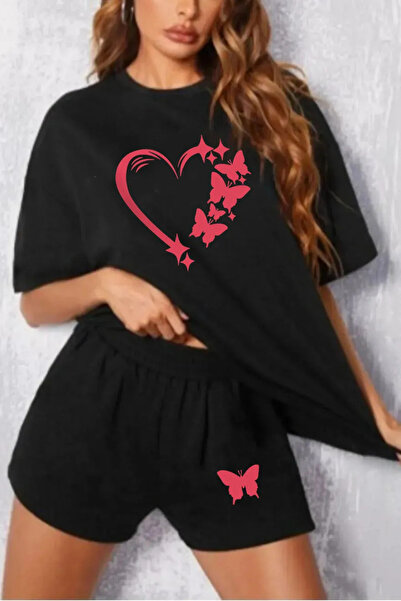 Wish BF Kelebekli Kalp Baskılı Oversize Şort Tişört takımı