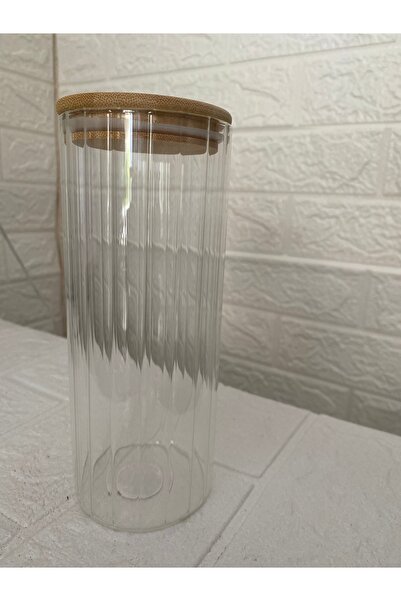 SEVEN7 Yuvarlak Kavanoz Çizgili Bambu kapaklı 700ml