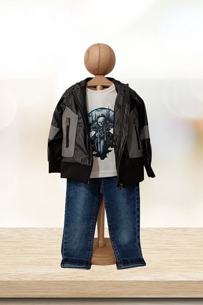 Baby s Breath Flower Biker Leather Jacket Sweatshirt Jeans Trousers 3 Piece Set 3 Pieces 1-3-4 Years Old Baby Boy