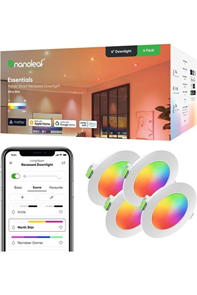 Nanoleaf Essentials Ampul, 4 Akıllı RGBW Gömme LED Lamba - Mat Üstten Dişli