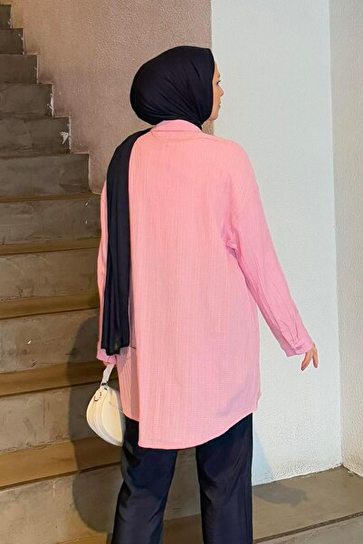 lamelif Ροζ πουκάμισο με μονή τσέπη Seersucker Hijab