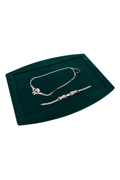 MeGass Dekor Domestic Production Suede Fabric Green Color Necklace Earring Ring Jewelry Service Presentation Table
