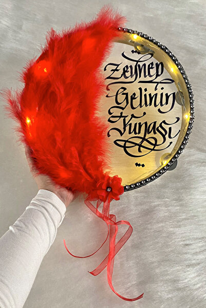 ZEYMERADE Kırmızı Ledli Şeffaf Gelin Tefi 32cm Tüylü 3d Çiçek Saten Kurdele D...