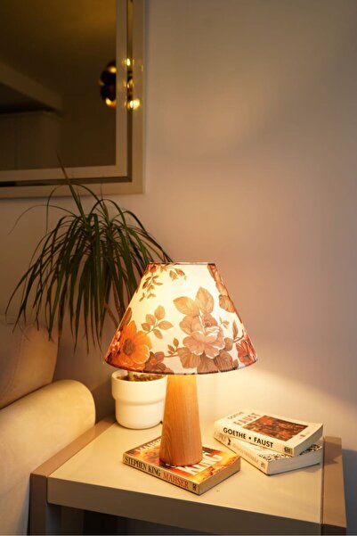 retro home design Ahşap Ayaklı Kahverengi Çiçek Detaylı Silindir Masa Lambası...