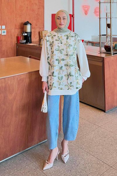 lamelif Floral Χακί ιδρώτα με δύο νήματα Hijab