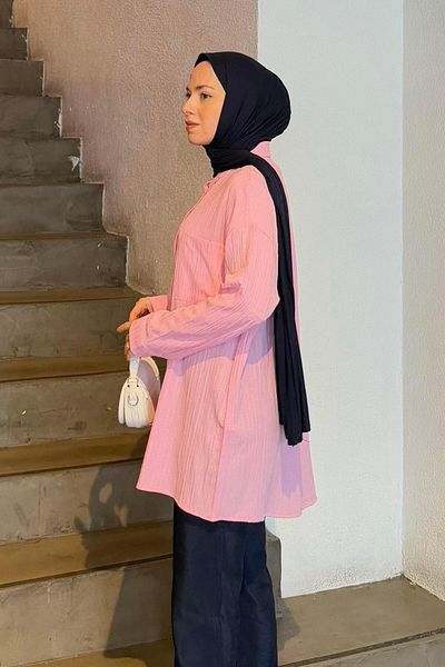 lamelif Ροζ πουκάμισο με μονή τσέπη Seersucker Hijab