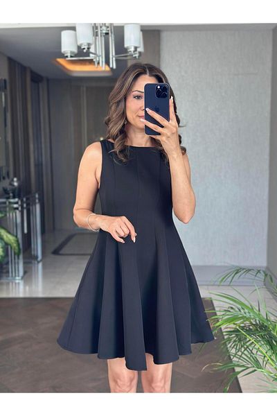 Forlady4 Black Boat Neck Zero Sleeve Pocket Women's Mini Flared Dress