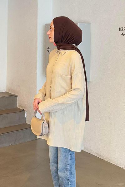 lamelif Κρέμα πουκάμισου με μονό τσέπη Seersucker Hijab