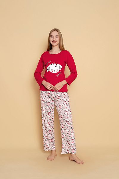 CALİA Women's Combed Cotton Crew Neck Long Sleeve Pajama Set