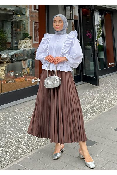 FLEX FASHION Women's Elastic Waist Plain Pleated Midi Length Skirt