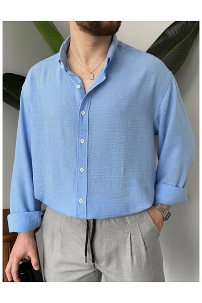çerme Cămașă albastră oversize pentru bărbați cu textura de in