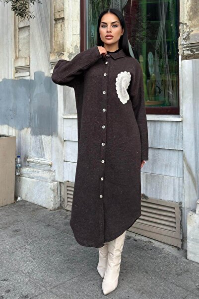 Juuuj Coffee Double-Sided Soft Texture, Applique Detail, Double Stamp Shirt Dress