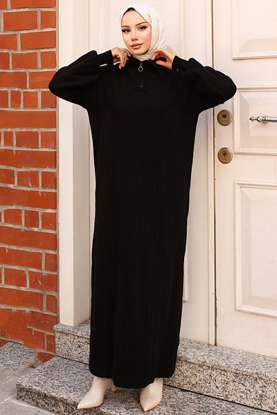 giyze Ribbed Knitwear Dress with Zipper Collar Black 11032-11