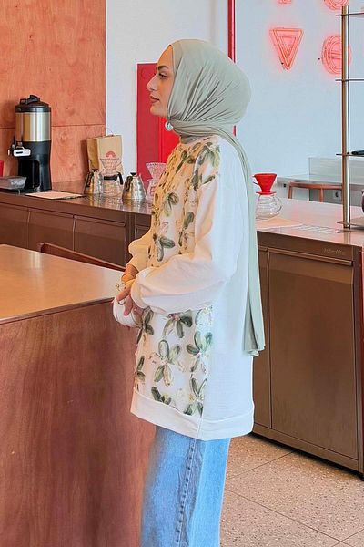 lamelif Floral Χακί ιδρώτα με δύο νήματα Hijab