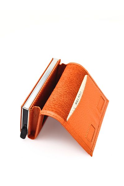 willpolo Genuine Calfskin Natural Pouch Compartment Mechanism Automatic Orange Card Holder Wallet
