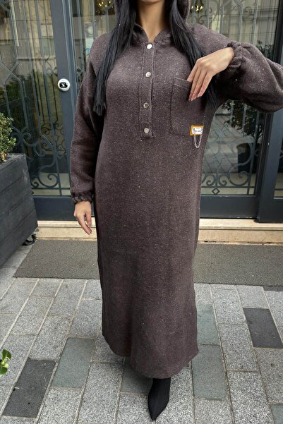 NEW LAVİVA Кафява двулицева рокля с качулка, разрез и двойна мека кашмирена подплата