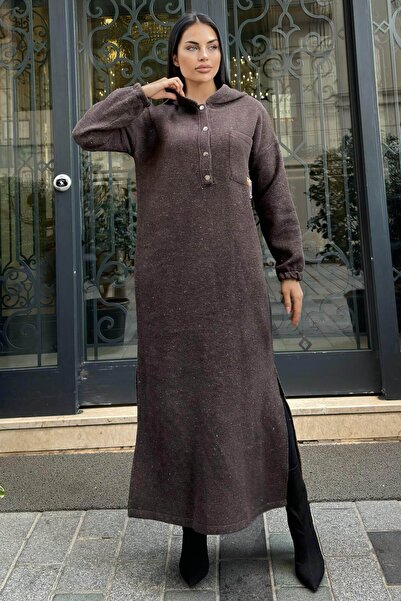 NEW LAVİVA Кафява двулицева рокля с качулка, разрез и двойна мека кашмирена подплата