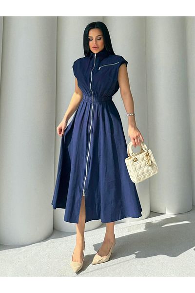 HARMONY GLOBAL Rochie de damă, albastru bleumarin, cu talie elastică, cu fermoar, țesătură popelin, lungime midi 7272