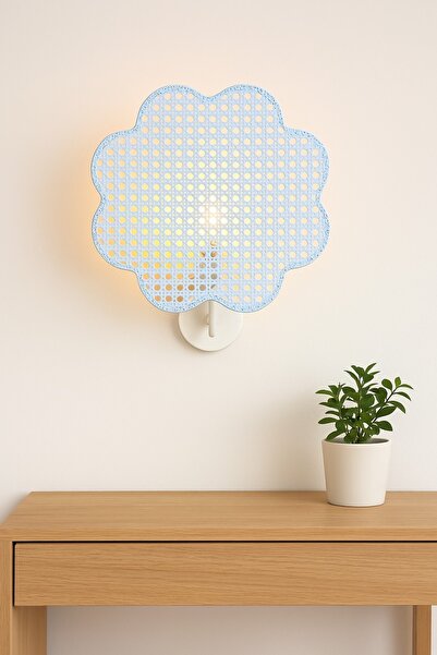 oceanpoint Pastel Mavi Bambu Duvar Apliği, Dekoratif El Yapımı Duvar Lambası, Modern ve Bohem Aydınlatma, 40cm