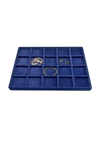 MeGass Dekor Domestic Production Suede Fabric Dark Blue Color 34 cm / 24 cm 24 Compartment Drawer Inside Jewelry Stand